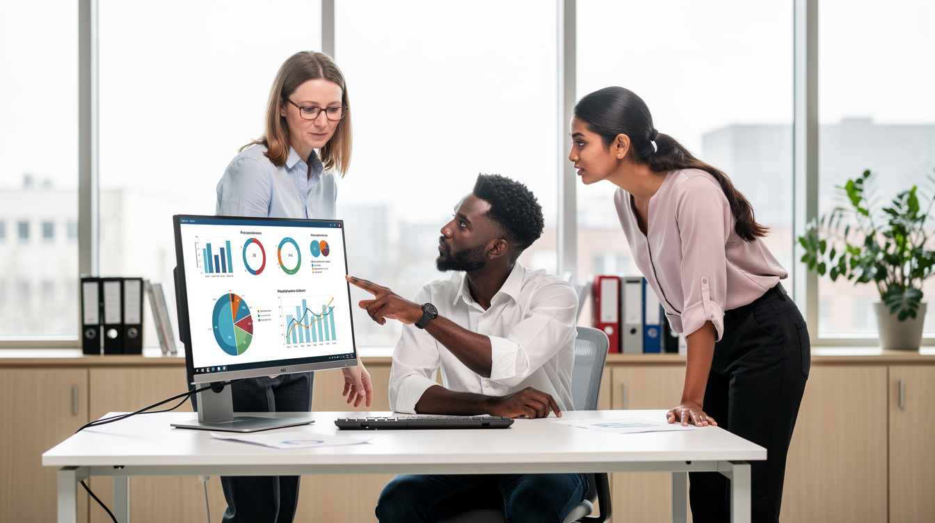 Research team analyzing survey data on monitors in a modern office